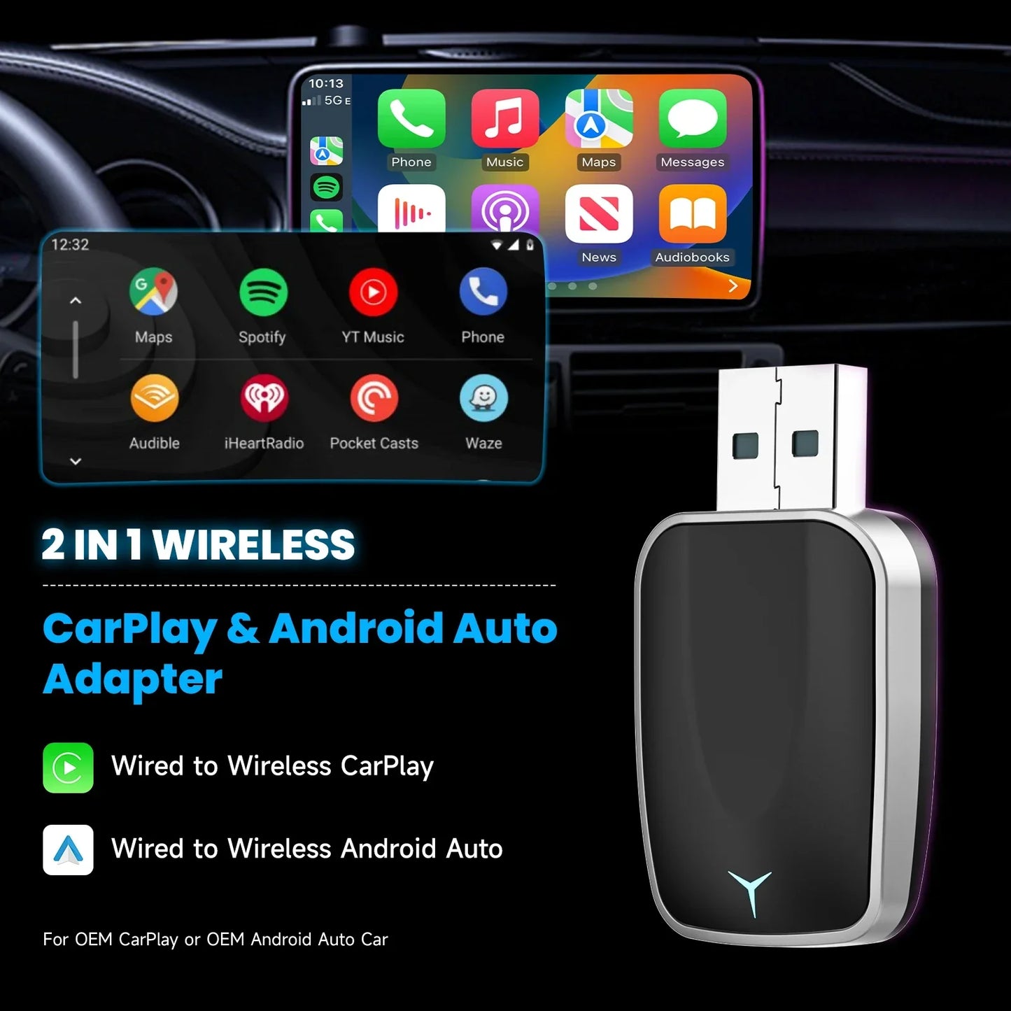 Wired to Wireless CarPlay Android Auto Adapter Black-2