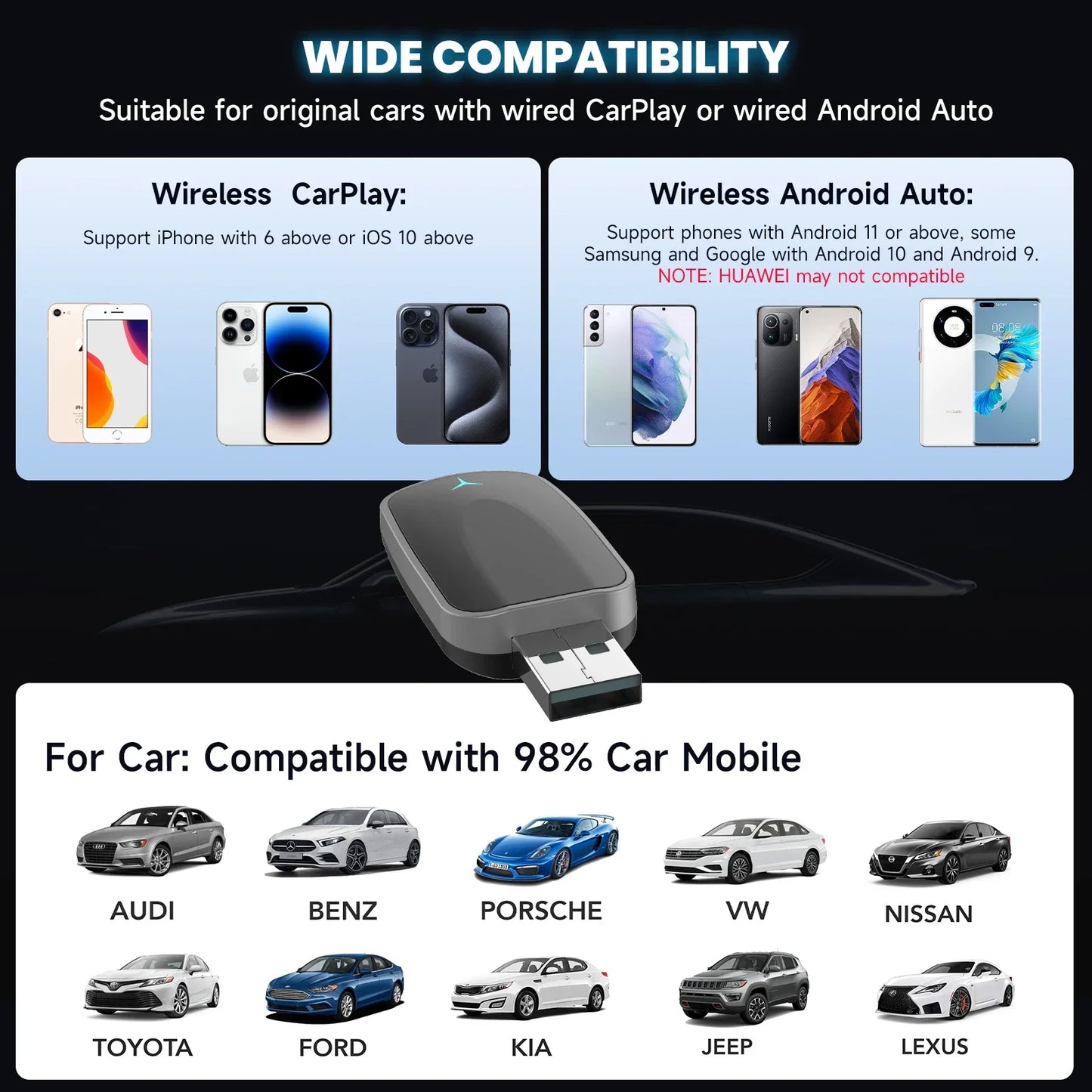 Wired to Wireless CarPlay Android Auto Adapter Black-4