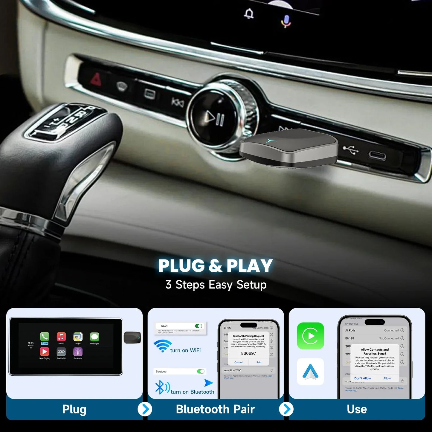 Wired to Wireless CarPlay Android Auto Adapter Black-3